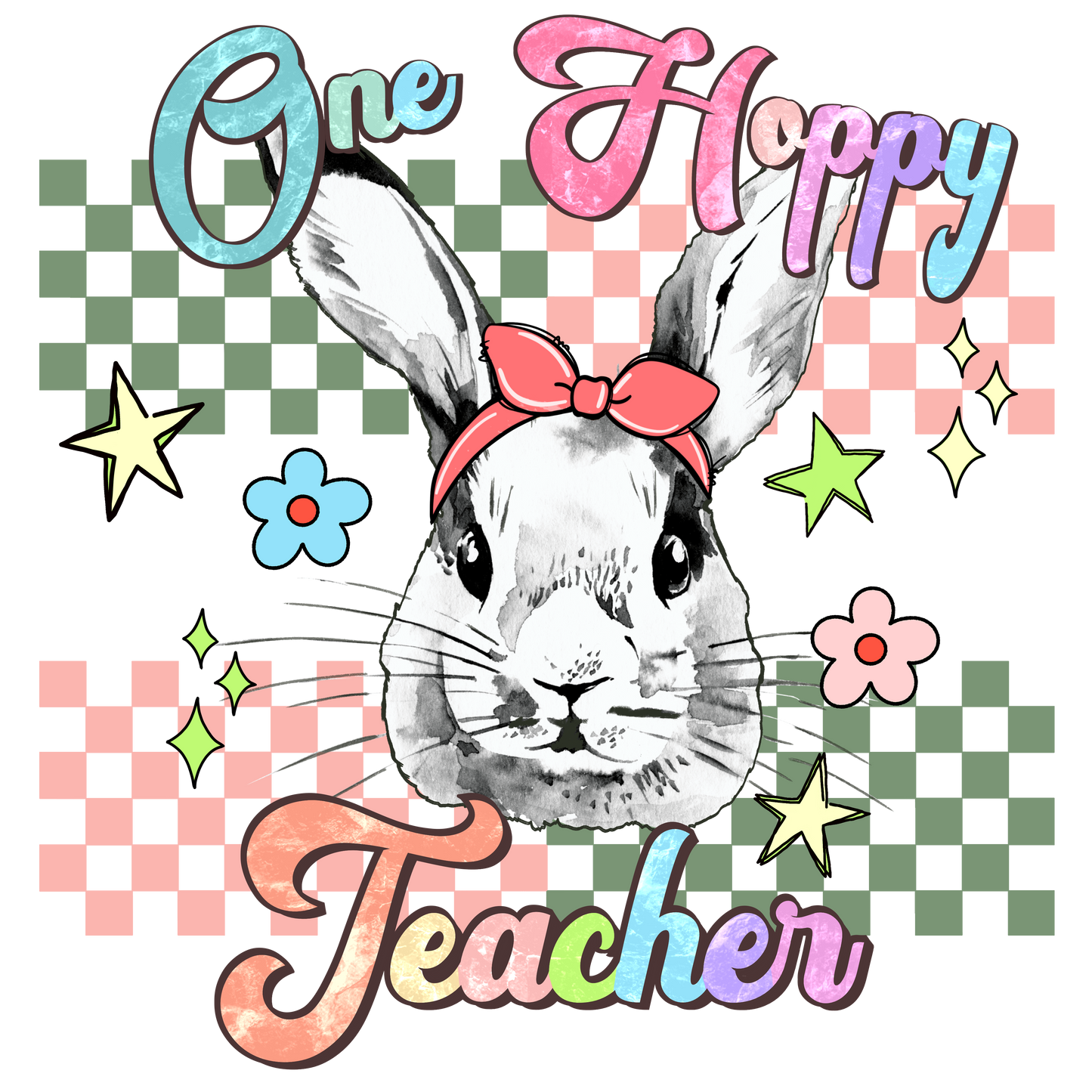 One Hoppy Teacher Checkered Design Transfer