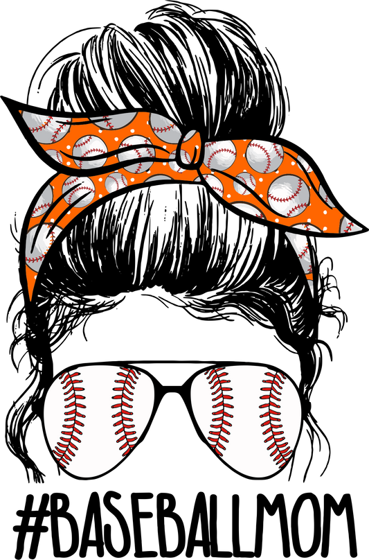 Baseball Mom Orange Messy Bun Design Transfer